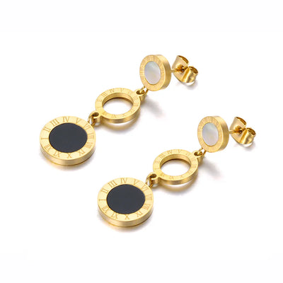 JeeMango Trendy Stainless Steel 3Pcs Disc Roman Numerals Dangle Earrings For Women Girl Shell & Acrylic Bohemia Earrings JE19184