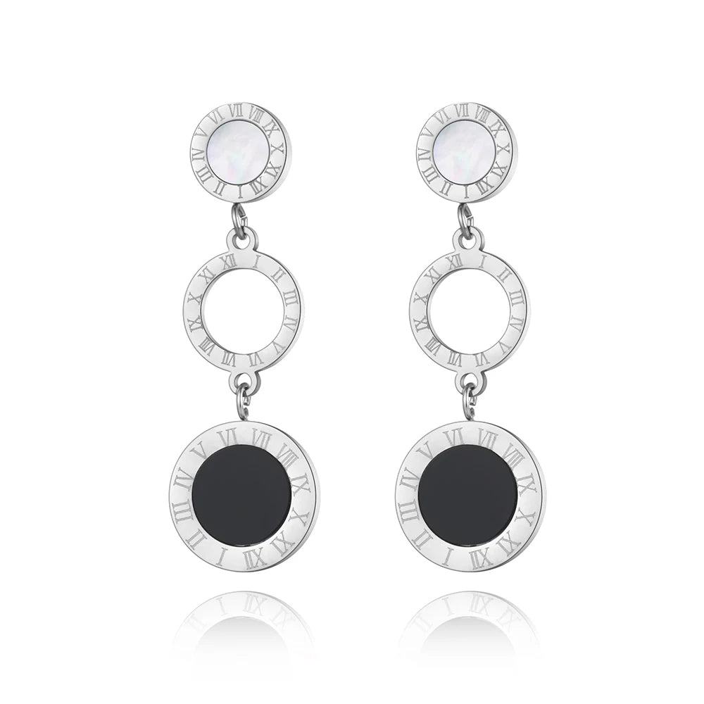 JeeMango Trendy Stainless Steel 3Pcs Disc Roman Numerals Dangle Earrings For Women Girl Shell & Acrylic Bohemia Earrings JE19184