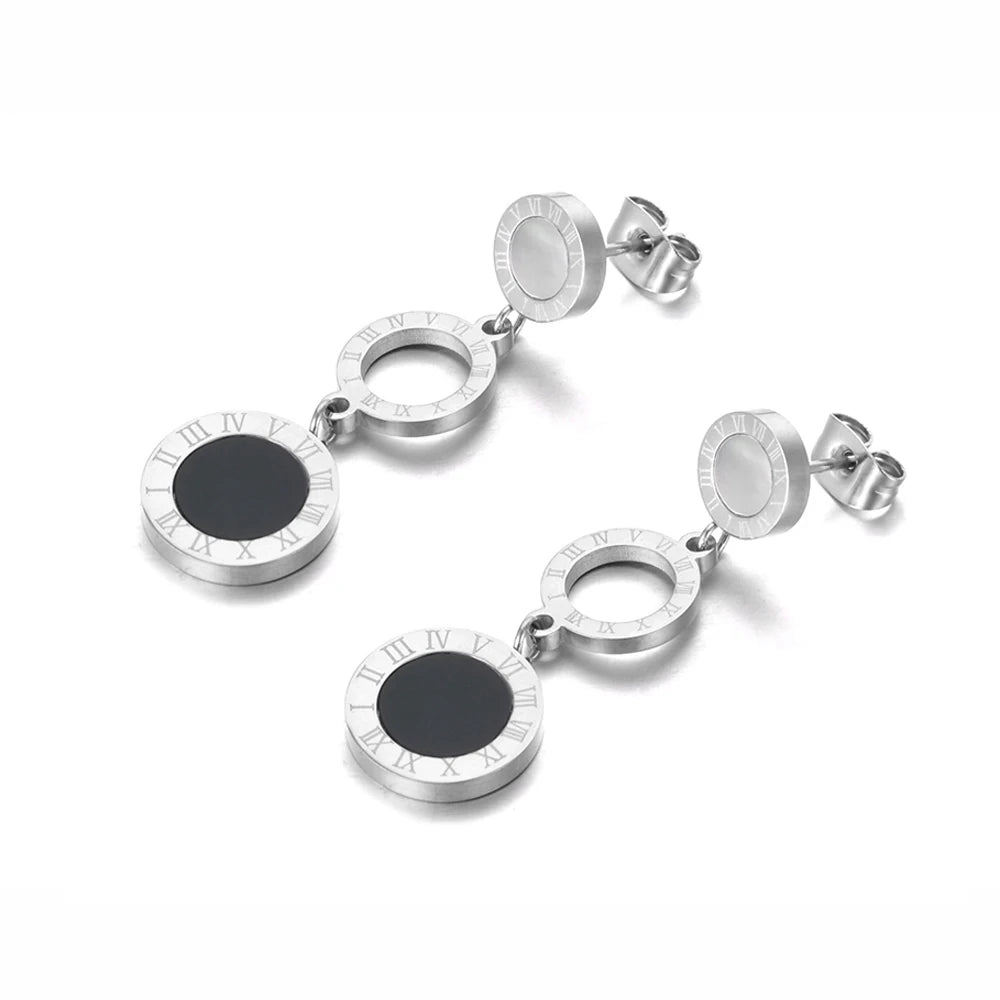 JeeMango Trendy Stainless Steel 3Pcs Disc Roman Numerals Dangle Earrings For Women Girl Shell & Acrylic Bohemia Earrings JE19184