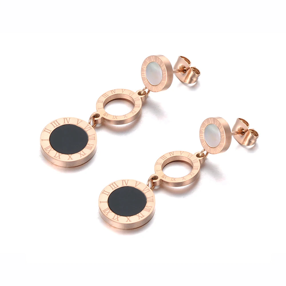 JeeMango Trendy Stainless Steel 3Pcs Disc Roman Numerals Dangle Earrings For Women Girl Shell & Acrylic Bohemia Earrings JE19184