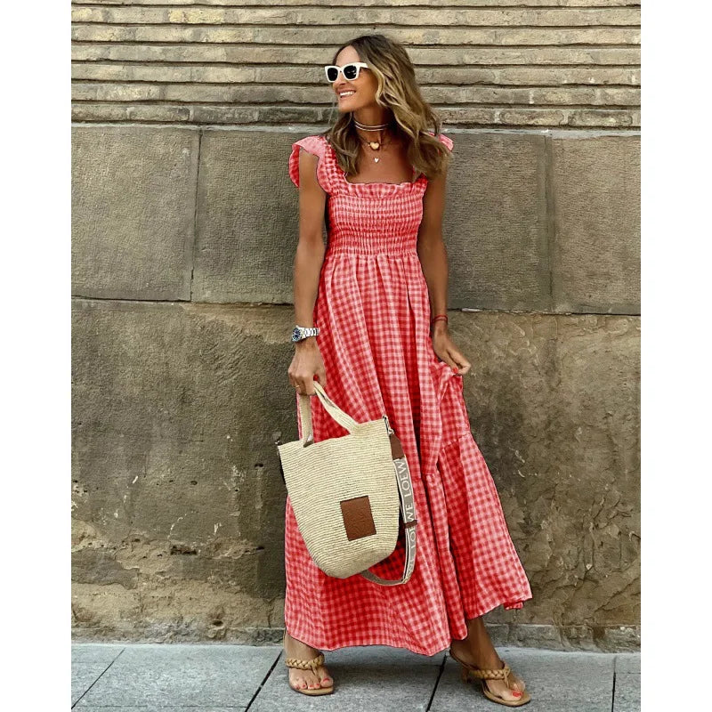 Elegant Plaid Slip Maxi Long Dress Summer Women Strapless Ruffle Backless Pleated Elastic Waist Boho Party Swing Loose Dresses