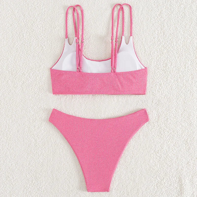 Pink Ribbed Bandeau Bikinis Sets Sexy Swimsuit Women Double String Strap Bandeau Swimwear 2025 Bathing Suit Bikini Donna Biquini