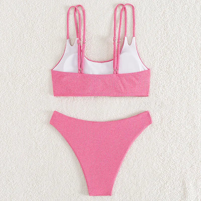 Pink Ribbed Bandeau Bikinis Sets Sexy Swimsuit Women Double String Strap Bandeau Swimwear 2025 Bathing Suit Bikini Donna Biquini