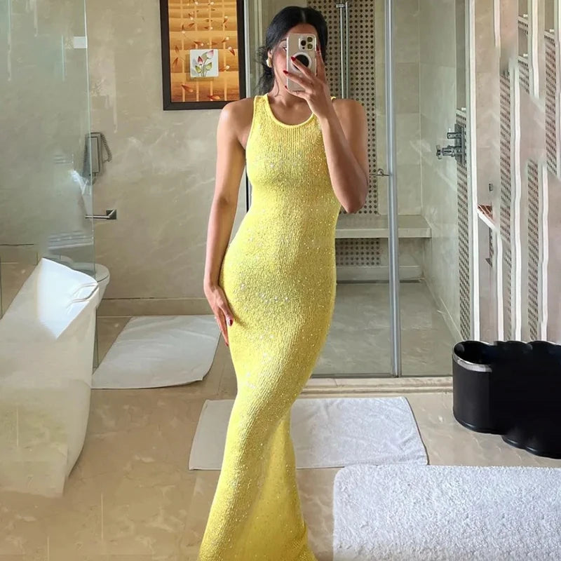 See-Through Fashion Sleeveless Maxi Dress Female Casual Sequin Slim High Waist Streetwear Vest Clothes Women Long Dress