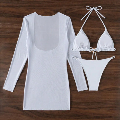 Solid White Holiday Swimwear Halter String Bikinis Sets 3 Piece Sexy Swimsuit Cover Up Long Sleeve Dress Metal Ring Bikini Donna