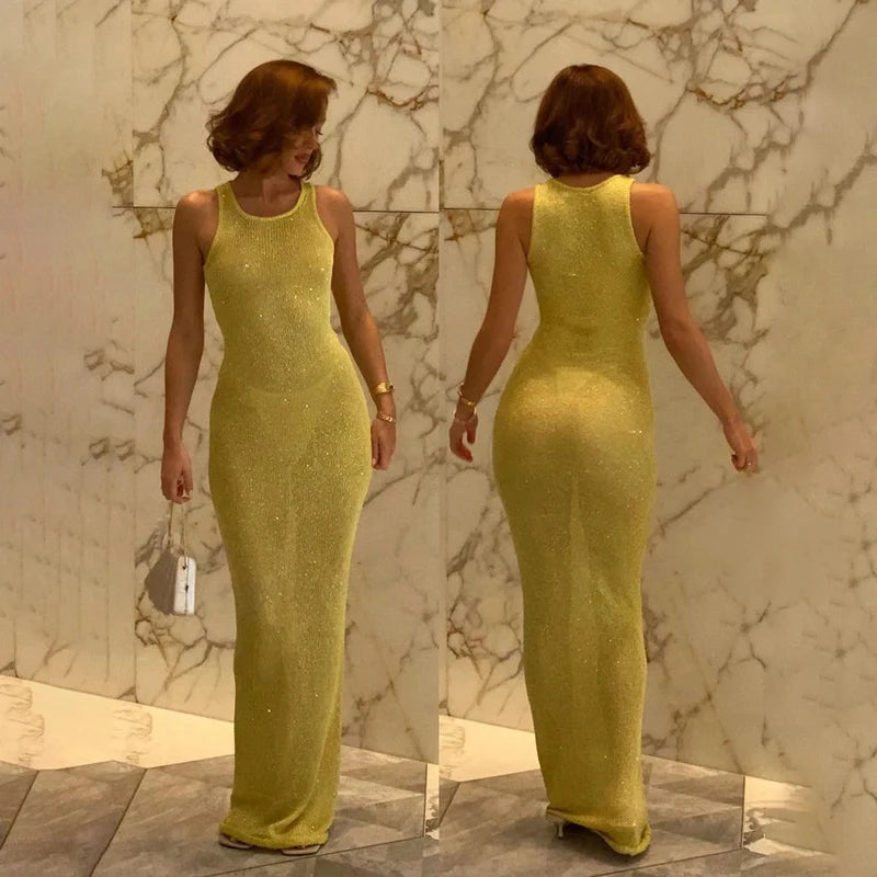 See-Through Fashion Sleeveless Maxi Dress Female Casual Sequin Slim High Waist Streetwear Vest Clothes Women Long Dress