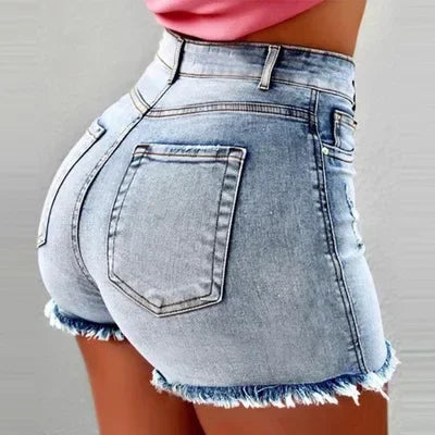 Plus Size 4XL 5XL Women's Denim Shorts Summer Lady High Waist Jeans Shorts Fringe Frayed Ripped Casual Hot Shorts With Pockets