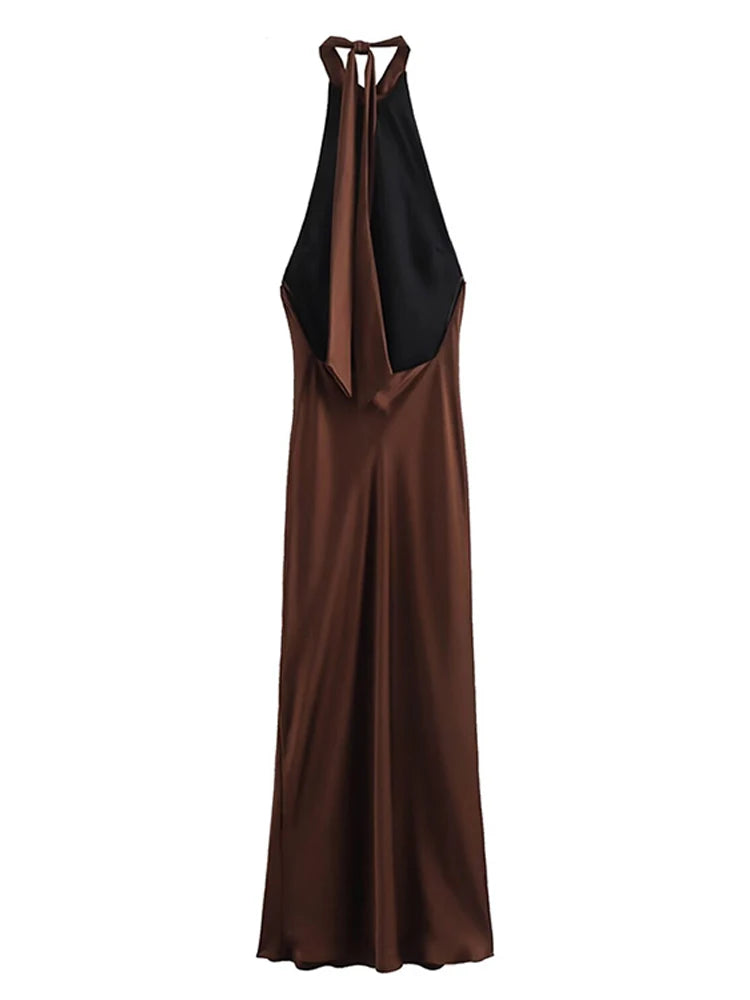 Off Shoulder Satin Halter Long Dress Woman Sexy Hanging Neck Female Pleated Dresses Summer Backless Midi Evening Party 2024 New