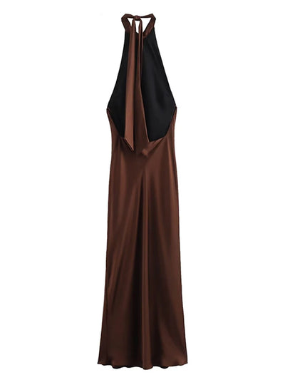 Off Shoulder Satin Halter Long Dress Woman Sexy Hanging Neck Female Pleated Dresses Summer Backless Midi Evening Party 2024 New