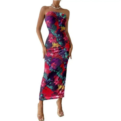 Summer women's new temperament slim sexy strapless under the spread of a sleeveless sheath print dress
