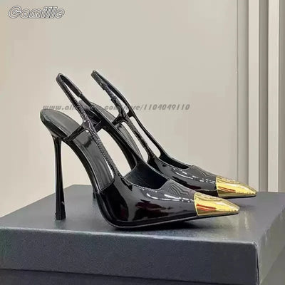 Gold Metal Toe Elastic Band Back Strap Stiletto High Heels Genuine Leather Office Lady Pumps Size 34-41 Side Empty Grace Sandals
