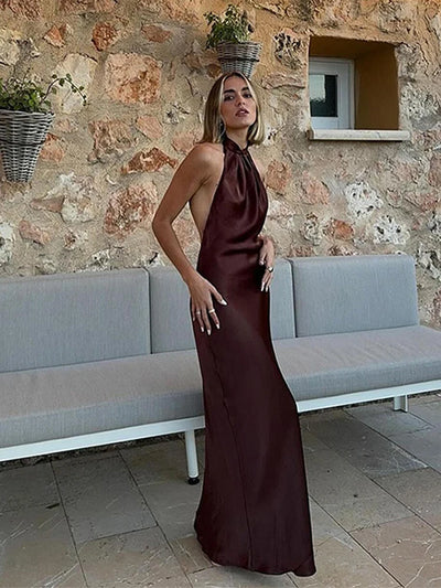 Off Shoulder Satin Halter Long Dress Woman Sexy Hanging Neck Female Pleated Dresses Summer Backless Midi Evening Party 2024 New