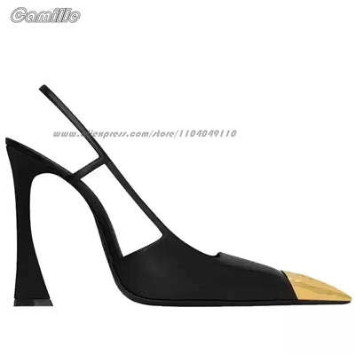 Gold Metal Toe Elastic Band Back Strap Stiletto High Heels Genuine Leather Office Lady Pumps Size 34-41 Side Empty Grace Sandals
