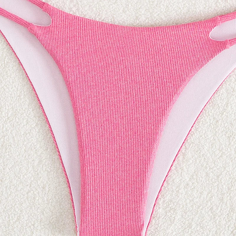 Pink Ribbed Bandeau Bikinis Sets Sexy Swimsuit Women Double String Strap Bandeau Swimwear 2025 Bathing Suit Bikini Donna Biquini