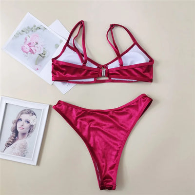 Rose Red Velvet Bikinis Sets Sexy Swimsuit Women 2025 Hollow Out Swimwear High Cut Bathing Suit Brazilian Push Up Bikini Donna