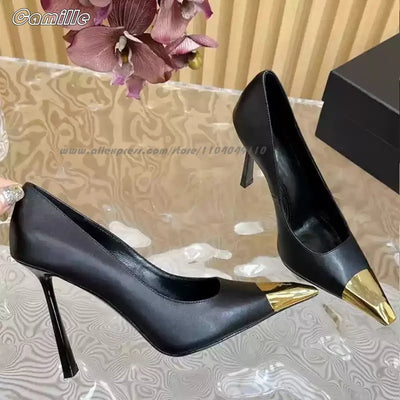 Gold Metal Toe Elastic Band Back Strap Stiletto High Heels Genuine Leather Office Lady Pumps Size 34-41 Side Empty Grace Sandals