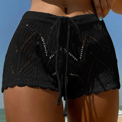 Hollow Out Drawstring Elastic Waist Crochet Knit Swim Shorts Women Summer Sexy Beach Holiday Cover Up Shorts