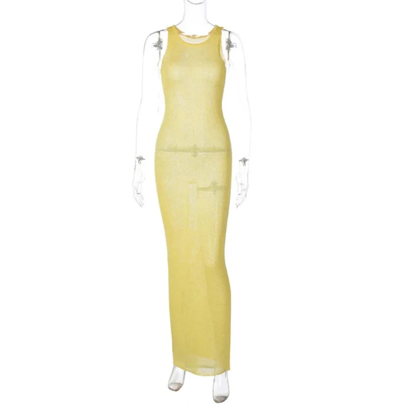 See-Through Fashion Sleeveless Maxi Dress Female Casual Sequin Slim High Waist Streetwear Vest Clothes Women Long Dress