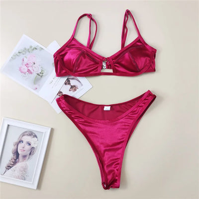 Rose Red Velvet Bikinis Sets Sexy Swimsuit Women 2025 Hollow Out Swimwear High Cut Bathing Suit Brazilian Push Up Bikini Donna