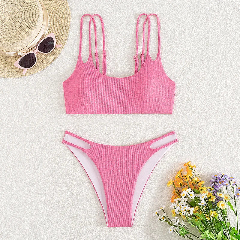 Pink Ribbed Bandeau Bikinis Sets Sexy Swimsuit Women Double String Strap Bandeau Swimwear 2025 Bathing Suit Bikini Donna Biquini