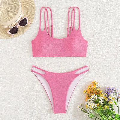 Pink Ribbed Bandeau Bikinis Sets Sexy Swimsuit Women Double String Strap Bandeau Swimwear 2025 Bathing Suit Bikini Donna Biquini