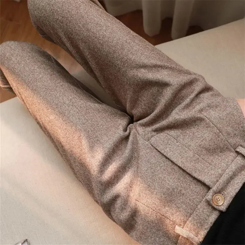 Herringbone Wool Pants Spring and Autumn Women's New High-waisted Slim Straight Leg Casual Pants Harun Small Foot Pants Trousers