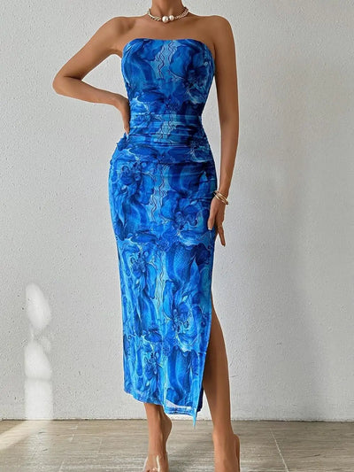 Summer women's new temperament slim sexy strapless under the spread of a sleeveless sheath print dress
