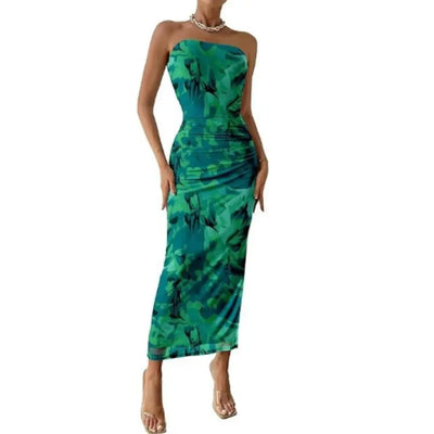 Summer women's new temperament slim sexy strapless under the spread of a sleeveless sheath print dress