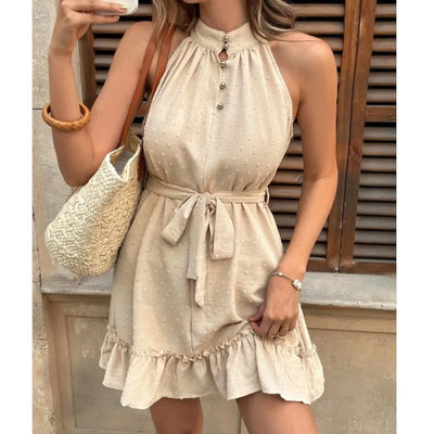 2025 Summer Women Jacquard Waist Halter Dresses A Line Sleeveless Casual Fashion Vestido Mujer Elegant Lady Abiti Senza Maniche
