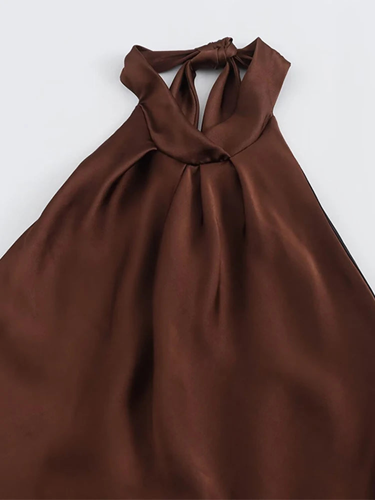 Off Shoulder Satin Halter Long Dress Woman Sexy Hanging Neck Female Pleated Dresses Summer Backless Midi Evening Party 2024 New