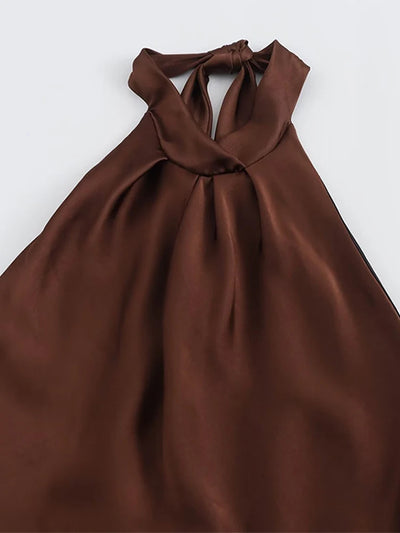 Off Shoulder Satin Halter Long Dress Woman Sexy Hanging Neck Female Pleated Dresses Summer Backless Midi Evening Party 2024 New