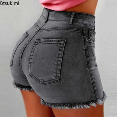 Plus Size 4XL 5XL Women's Denim Shorts Summer Lady High Waist Jeans Shorts Fringe Frayed Ripped Casual Hot Shorts With Pockets