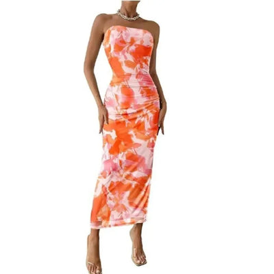 Summer women's new temperament slim sexy strapless under the spread of a sleeveless sheath print dress