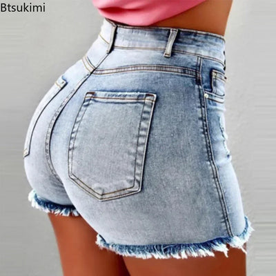 Plus Size 4XL 5XL Women's Denim Shorts Summer Lady High Waist Jeans Shorts Fringe Frayed Ripped Casual Hot Shorts With Pockets