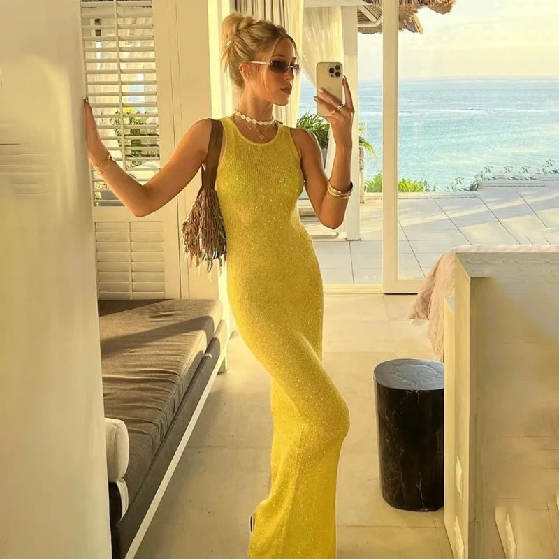 See-Through Fashion Sleeveless Maxi Dress Female Casual Sequin Slim High Waist Streetwear Vest Clothes Women Long Dress