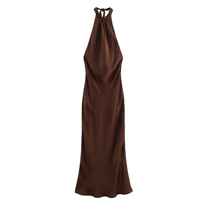 Off Shoulder Satin Halter Long Dress Woman Sexy Hanging Neck Female Pleated Dresses Summer Backless Midi Evening Party 2024 New
