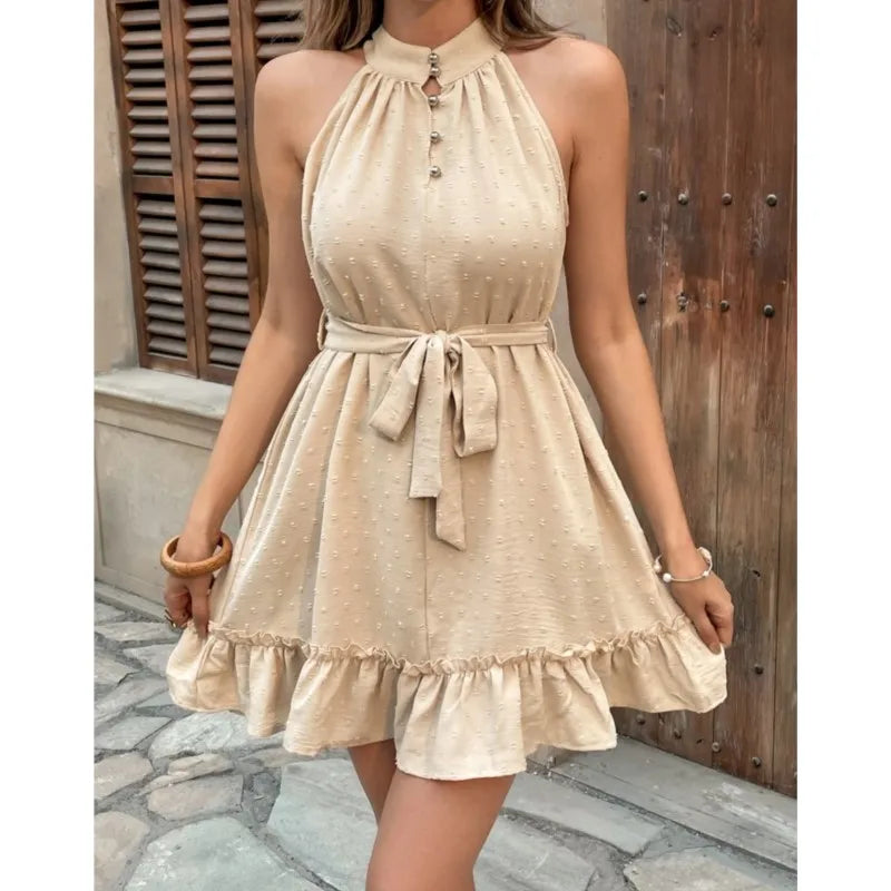 2025 Summer Women Jacquard Waist Halter Dresses A Line Sleeveless Casual Fashion Vestido Mujer Elegant Lady Abiti Senza Maniche
