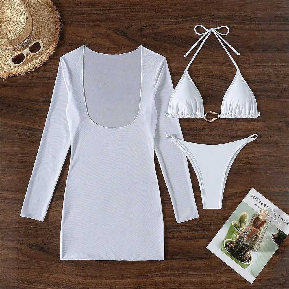 Solid White Holiday Swimwear Halter String Bikinis Sets 3 Piece Sexy Swimsuit Cover Up Long Sleeve Dress Metal Ring Bikini Donna