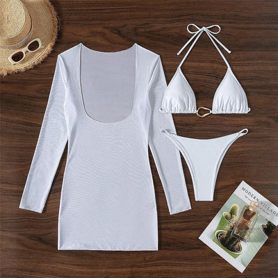 Solid White Holiday Swimwear Halter String Bikinis Sets 3 Piece Sexy Swimsuit Cover Up Long Sleeve Dress Metal Ring Bikini Donna