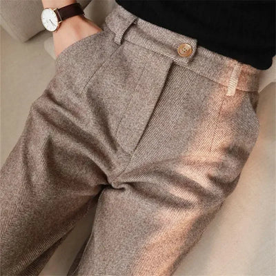 Herringbone Wool Pants Spring and Autumn Women's New High-waisted Slim Straight Leg Casual Pants Harun Small Foot Pants Trousers