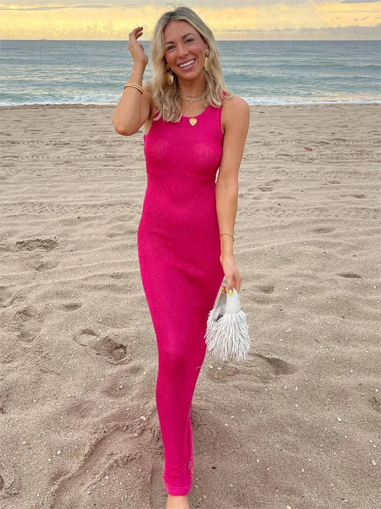 See-Through Fashion Sleeveless Maxi Dress Female Casual Sequin Slim High Waist Streetwear Vest Clothes Women Long Dress
