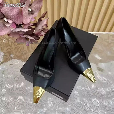 Gold Metal Toe Elastic Band Back Strap Stiletto High Heels Genuine Leather Office Lady Pumps Size 34-41 Side Empty Grace Sandals