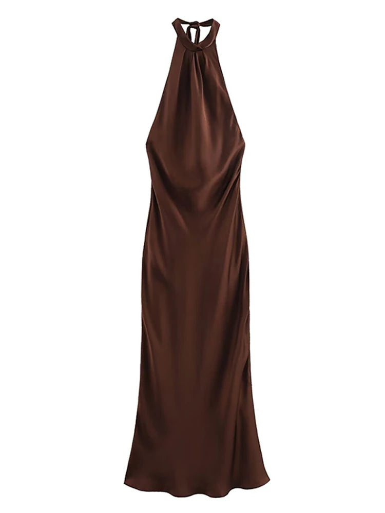 Off Shoulder Satin Halter Long Dress Woman Sexy Hanging Neck Female Pleated Dresses Summer Backless Midi Evening Party 2024 New
