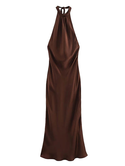 Off Shoulder Satin Halter Long Dress Woman Sexy Hanging Neck Female Pleated Dresses Summer Backless Midi Evening Party 2024 New