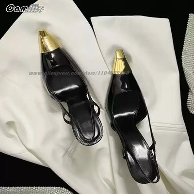 Gold Metal Toe Elastic Band Back Strap Stiletto High Heels Genuine Leather Office Lady Pumps Size 34-41 Side Empty Grace Sandals
