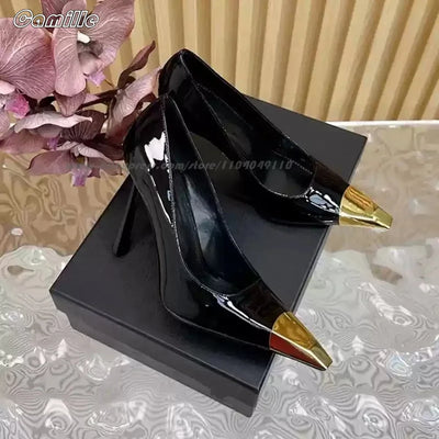 Gold Metal Toe Elastic Band Back Strap Stiletto High Heels Genuine Leather Office Lady Pumps Size 34-41 Side Empty Grace Sandals