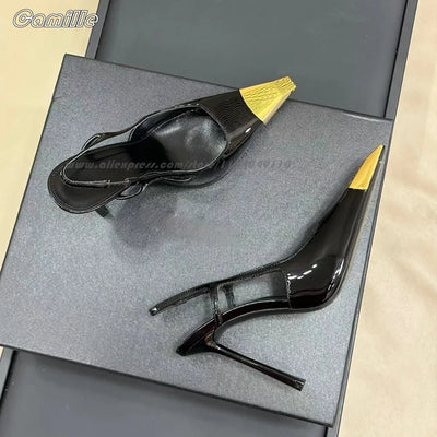 Gold Metal Toe Elastic Band Back Strap Stiletto High Heels Genuine Leather Office Lady Pumps Size 34-41 Side Empty Grace Sandals