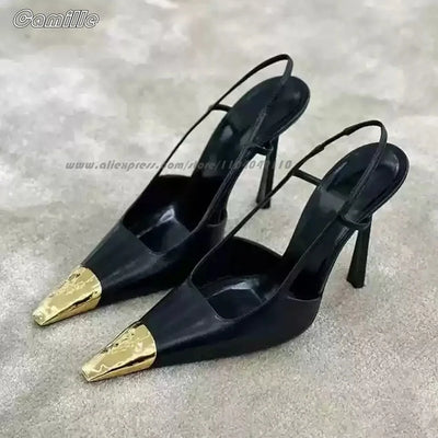 Gold Metal Toe Elastic Band Back Strap Stiletto High Heels Genuine Leather Office Lady Pumps Size 34-41 Side Empty Grace Sandals
